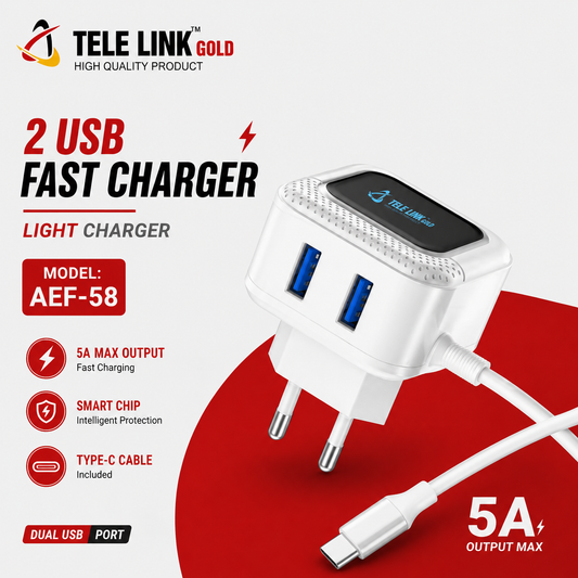 Tele Link Gold AEF-58 - 5A Fast Charger with Dual USB Ports