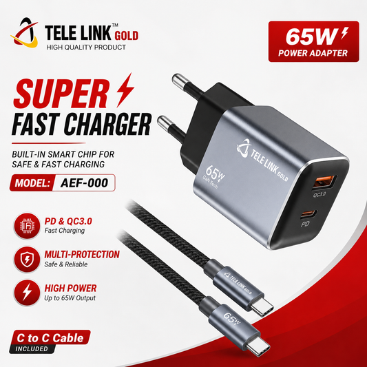 Tele Link Gold 65W Super Fast Charger – PD & QC 3.0 Power Adapter | Model AEF-000