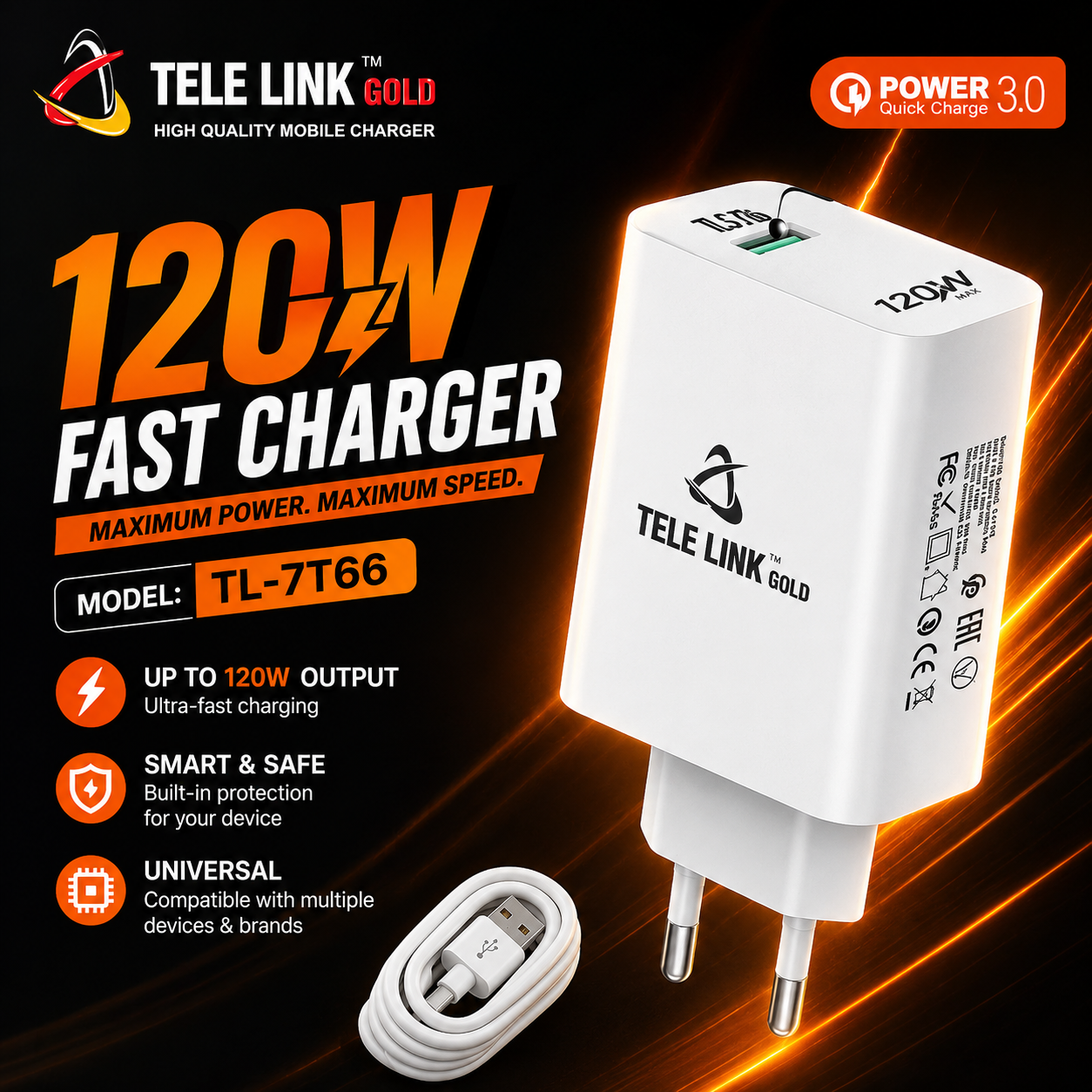 Tele Link Gold 120W Fast Charger Power 3.0 Quick Charger – Model TL-7T66