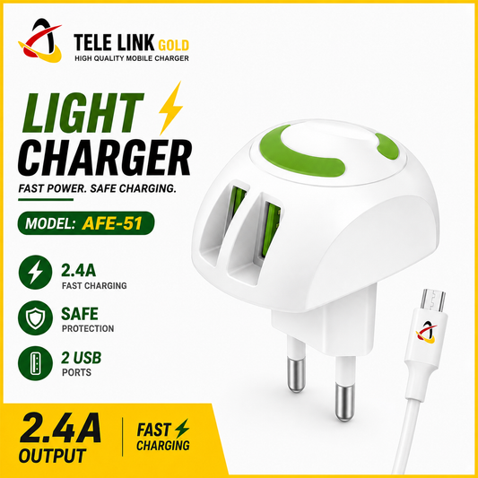 Tele Link Gold Light Charger 2.4A Dual USB Fast Charger – Model AFE-51